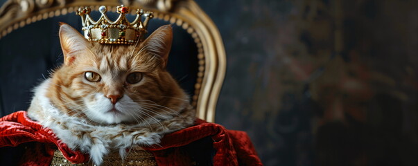 Cat wearing a crown and royal robe sitting on a throne. Greeting card, banner, template with copy space