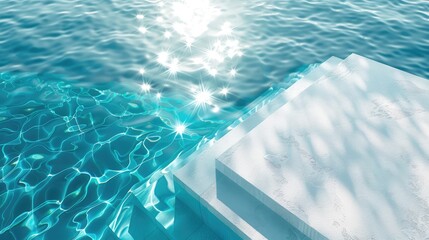 Clear blue water with sunlight reflecting on podium, top view beauty backdrop mockup, vertical