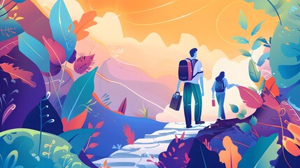 Business mentor helps to improve career and holding stairs steps vector illustration. Mentorship, upskills, climb help and self development strategy flat style design business concept. 