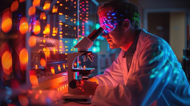 Researcher in a lab using a microscope with holographic data displays, pushing the boundaries of science