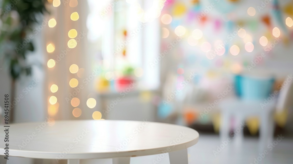 Poster A white table sits in the foreground with a blurry background showing a decorated room with colorful lights and festive decorations.