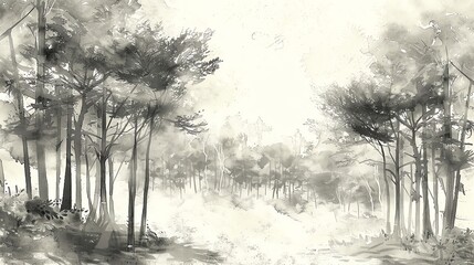 Fototapeta premium A misty forest scene painted in grayscale.