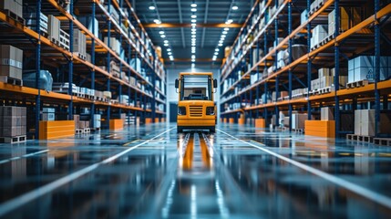 Modern warehouse with automated guided vehicles transporting goods, enhancing supply chain efficiency