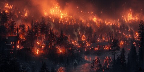 Massive wildfire triggered by human activity, engulfing forests and homes, demonstrating the power of nature and human impact,