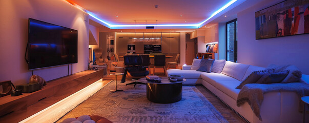 A modern basement with an enchanting ambiance, illuminated by LED strips that highlight the contemporary furniture and chic decorations, creating a vibrant and inviting space.