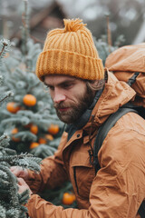Obraz premium Man examining evergreen tree in winter