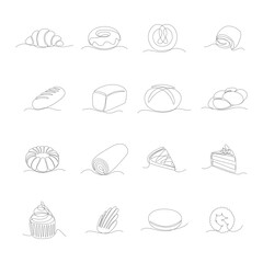 Bakery Products One Continuous Line Drawing Sign Emblem Icon Set Include of Croissant, Bread and Pretzel. Vector illustration of Simple Linear Style