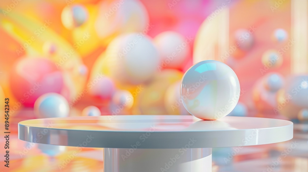Poster a white sphere sits on a white circular platform, surrounded by a blurred background of colorful sph