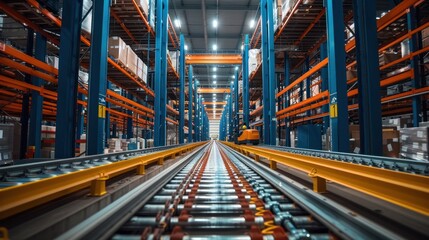 Obraz premium Logistics center with automated sorting systems and robotic forklifts, showcasing advanced warehousing