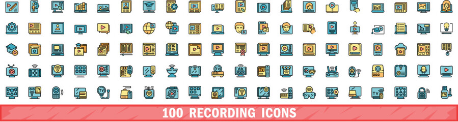 100 recording icons set. Color line set of recording vector icons thin line color flat on white