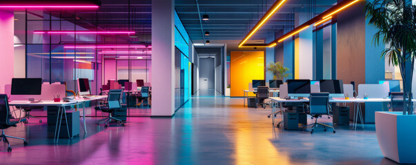 A stylish modern office with LED lighting, highlighting sleek workstations, high-tech equipment, and vibrant light fixtures that create an innovative and energetic workspace.