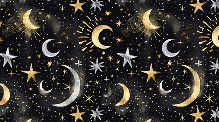 A seamless pattern with moons and stars.