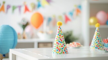 A colorful party hat sits on a white table, with a birthday banner and other decorations in the background.