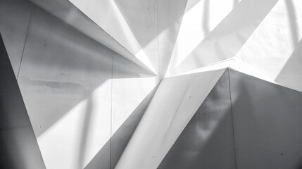 光と影が白い壁に幾何学的な形を作り出している、モノクロ写真アート風背景グラフィック