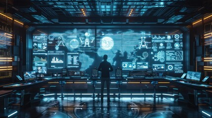 Obraz premium Futuristic workspace with holographic displays and virtual meetings