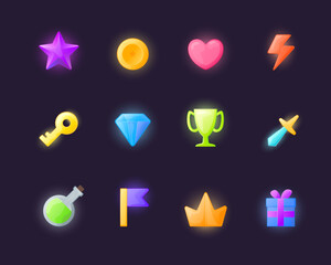 Cartoon Color Games Icons Set Concept Flat Design Style Include of Heart, Star, Beverage and Key. Vector illustration