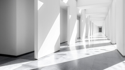 Obraz premium 光と影が白い壁に幾何学的な形を作り出している、モノクロ写真アート風背景グラフィック