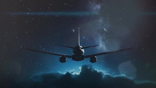 Airplane Flying Through a Starry Night Sky, Journeying Across the World
