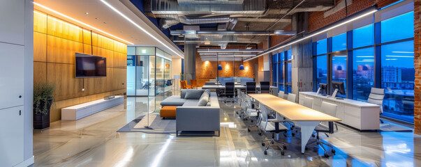 The interior of a contemporary office with LED lighting, highlighting minimalist furniture, high-tech equipment, and a spacious layout, designed for productivity and creativity.
