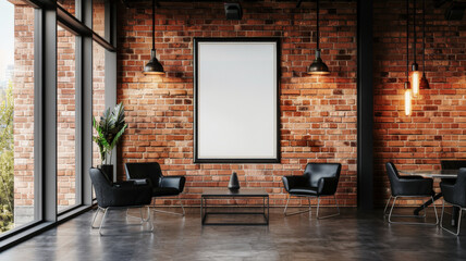 A modern office space featuring an empty poster frame on a brick wall, with sleek black furniture and industrial-style lighting fixtures hanging from the ceiling.