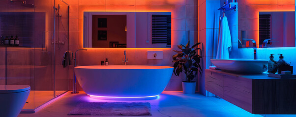 The magical ambiance of a modern bathroom decorated with LED strips, featuring a warm, colorful glow around the mirrors, bathtub, and chic decor, creating a luxurious experience.
