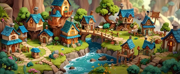 Picturesque Cartoon Village with Colorful Houses, a Flowing Stream, and Lush Greenery, Ideal for Fantasy, Fairy Tales, and Whimsical Designs