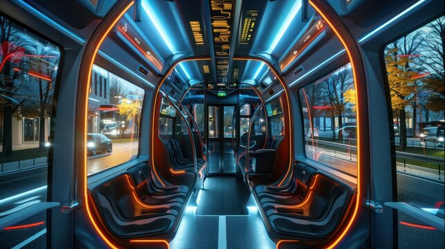Futuristic high-tech bus interior with smart features, improving passenger comfort and convenience