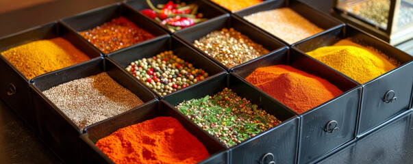 A beautifully arranged spice box with individual compartments for different spices. The vibrant colors and neat organization of the spices create a visually stunning and practical storage solution.