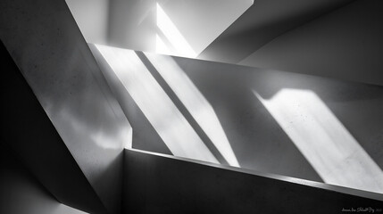 光と影が白い壁に幾何学的な形を作り出している、モノクロ写真アート風背景グラフィック