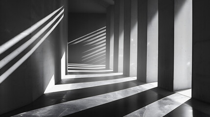 光と影が白い壁に幾何学的な形を作り出している、モノクロ写真アート風背景グラフィック