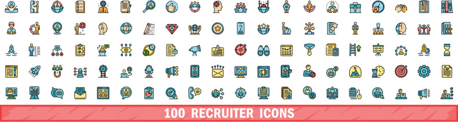 100 recruiter icons set. Color line set of recruiter vector icons thin line color flat on white