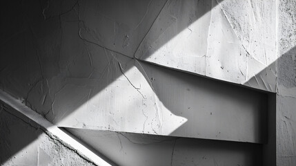 光と影が白い壁に幾何学的な形を作り出している、モノクロ写真アート風背景グラフィック