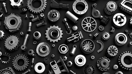 Pattern of automobile car parts in seamless design, featuring black and white monochrome elements as background.