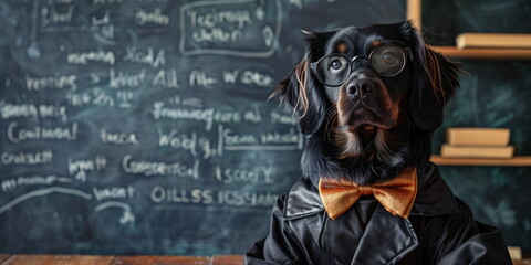 Obraz premium Black dog in a leather jacket, wearing a monocle and bow tie, sitting in front of a chalkboard