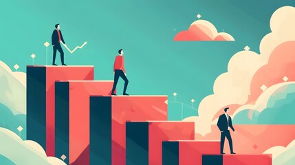 Fototapeta premium Business mentor helps to improve career and holding stairs steps vector illustration. Mentorship, upskills, climb help and self development strategy flat style design business concept. 