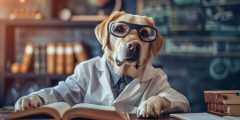 Dog in glasses and lab coat, sitting at desk with open book in a library setting, portraying a professor. Announcement poster or banner