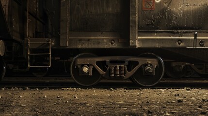 Naklejka premium Photograph captured in dim lighting featuring freight train carts and wheels. 