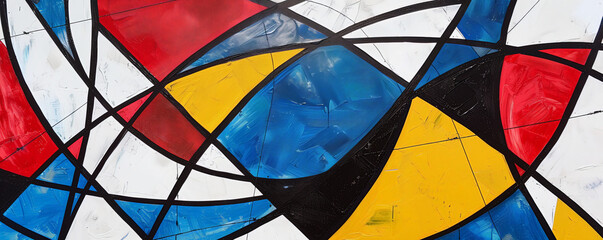 Fototapeta premium An abstract painting featuring geometric lines and shapes in a vibrant, contrasting color scheme. Bright reds, blues, and yellows form a dynamic and energetic composition, with black lines adding