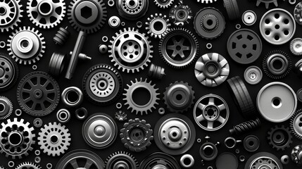 Pattern of automobile car parts in seamless design, featuring black and white monochrome elements as background.