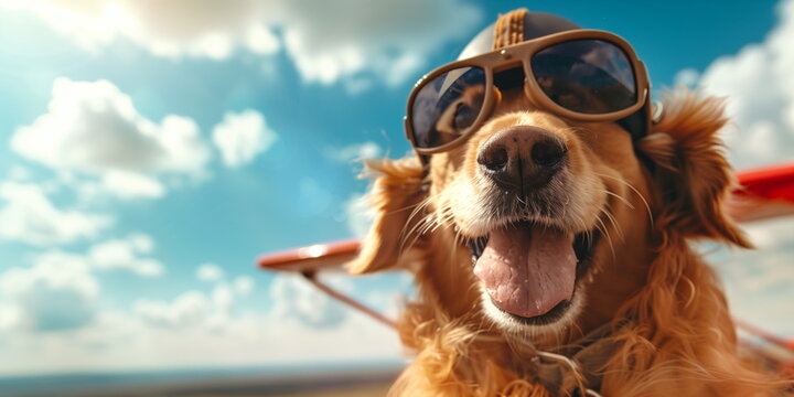 Dog in aviator goggles and cap, smiling with an airplane in the background. Creative background for banner or poster with copy space - Powered by Adobe