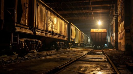 Photograph captured in dim lighting featuring freight train carts and wheels. 