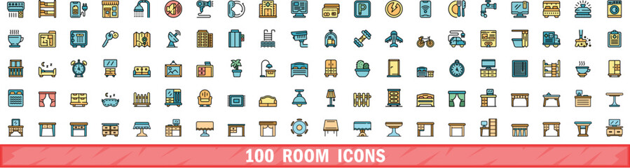 100 room icons set. Color line set of room vector icons thin line color flat on white