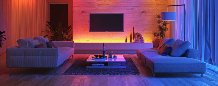 The vibrant atmosphere of a modern interior adorned with LED lighting, enhancing the sleek lines, modern furniture, and stylish decor with a touch of colorful illumination.