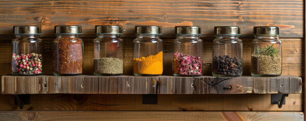 A spice jar collection on a wooden shelf, with colorful spices visible through the glass. The rustic design and vibrant colors create a visually appealing and practical kitchen setup.