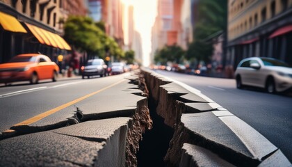 Fototapeta premium Shaken City: Blurred Backdrop of a Road Split by Earthquake