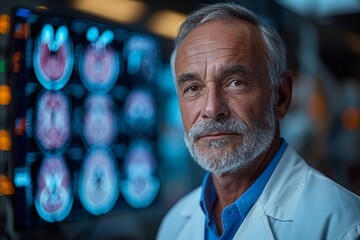 Medical researcher in laboratory with brain scans