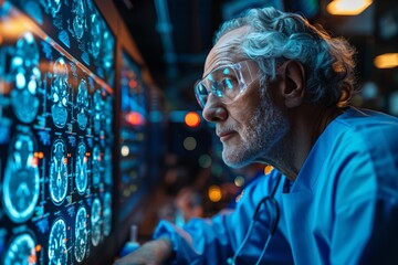 Senior researcher examining brain scans in medical laboratory