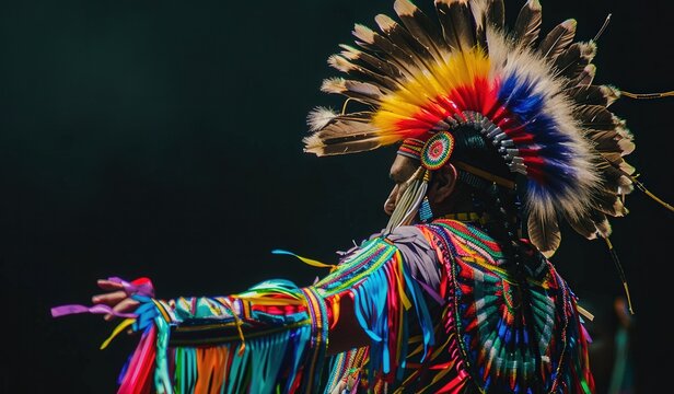 A man wearing a colorful headdress and colorful clothing