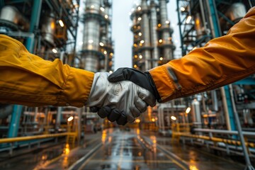 Industrial workers shaking hands at a refinery