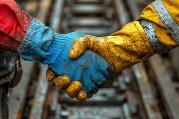Workers shaking hands in a construction zone